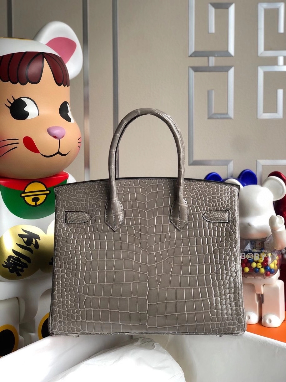 Hermès（爱马仕）Birkin 30cm Porosus shiny 亮面澳洲湾鳄 ck81 斑鸠灰 Gris T 银扣 顶级手缝 现货