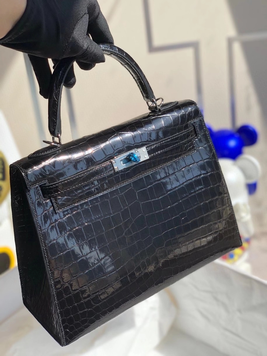 Hermès(爱马仕)Kelly 25cm Crocodile shiny 亮面鳄鱼 ck89 黑色 Noir 银扣 顶级手缝 现货-拉尔森鳄鱼皮具定制 - 爱马仕包包官网 Hermès(爱马仕)Kelly 25cm Crocodile shiny 亮面鳄鱼 ck89 黑色 Noir 银扣 顶级手缝 现货