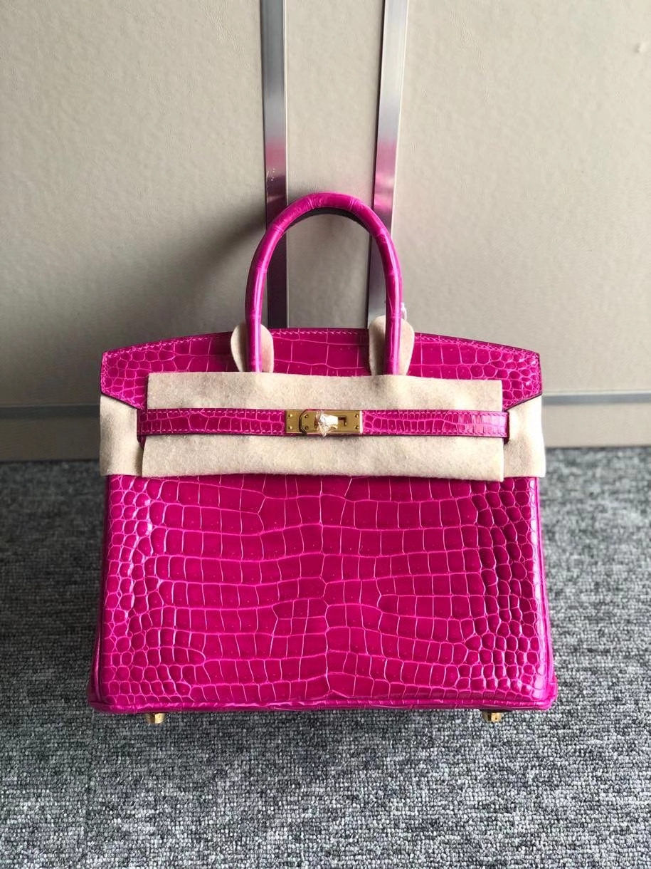 Hermès（爱马仕）Birkin 25cm Porosus shiny 亮面澳洲湾鳄 J5 天方夜谭粉紫  金扣 顶级手缝 现货