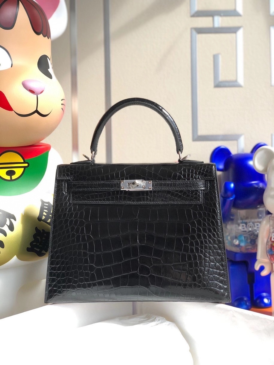 Hermès（爱马仕）Kelly 25cm Alligator shiny 亮面鳄鱼 ck89黑色 Noir 银扣 顶级手缝  现货