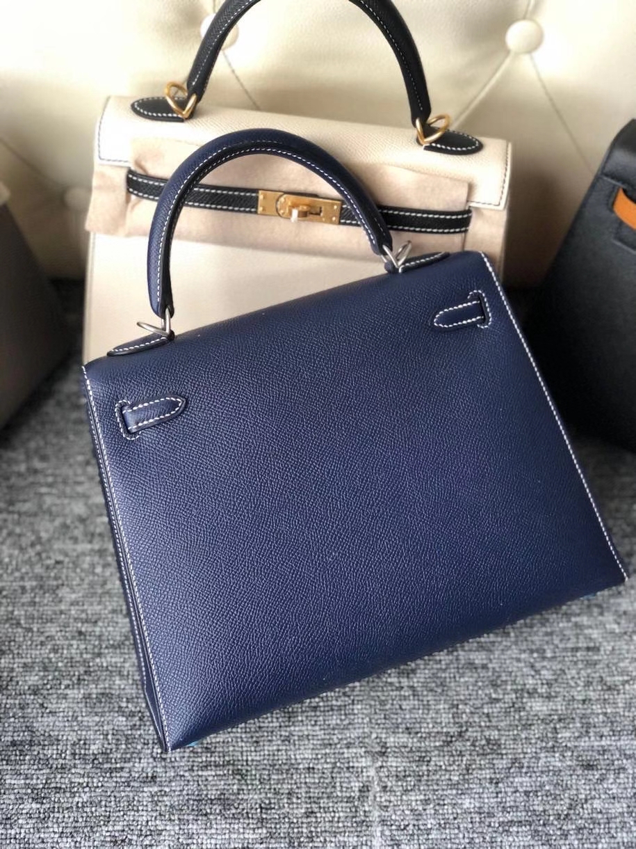 Hermès(爱马仕)Kelly 25cm Epsom 原厂掌纹皮 宝石蓝 拉丝银扣 白色线-拉尔森鳄鱼皮具定制 - 爱马仕包包官网 Hermès(爱马仕)Kelly 25cm Epsom 原厂掌纹皮 宝石蓝 拉丝银扣 白色线