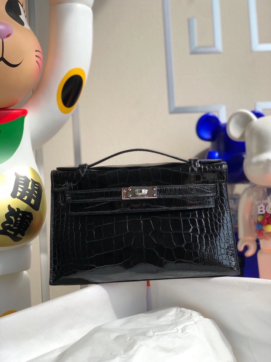 Hermès（爱马仕）Mini kelly pochette 22cm Alligator shiny 亮面鳄鱼 ck89 黑色 Noir 银扣 顶级手缝 现货