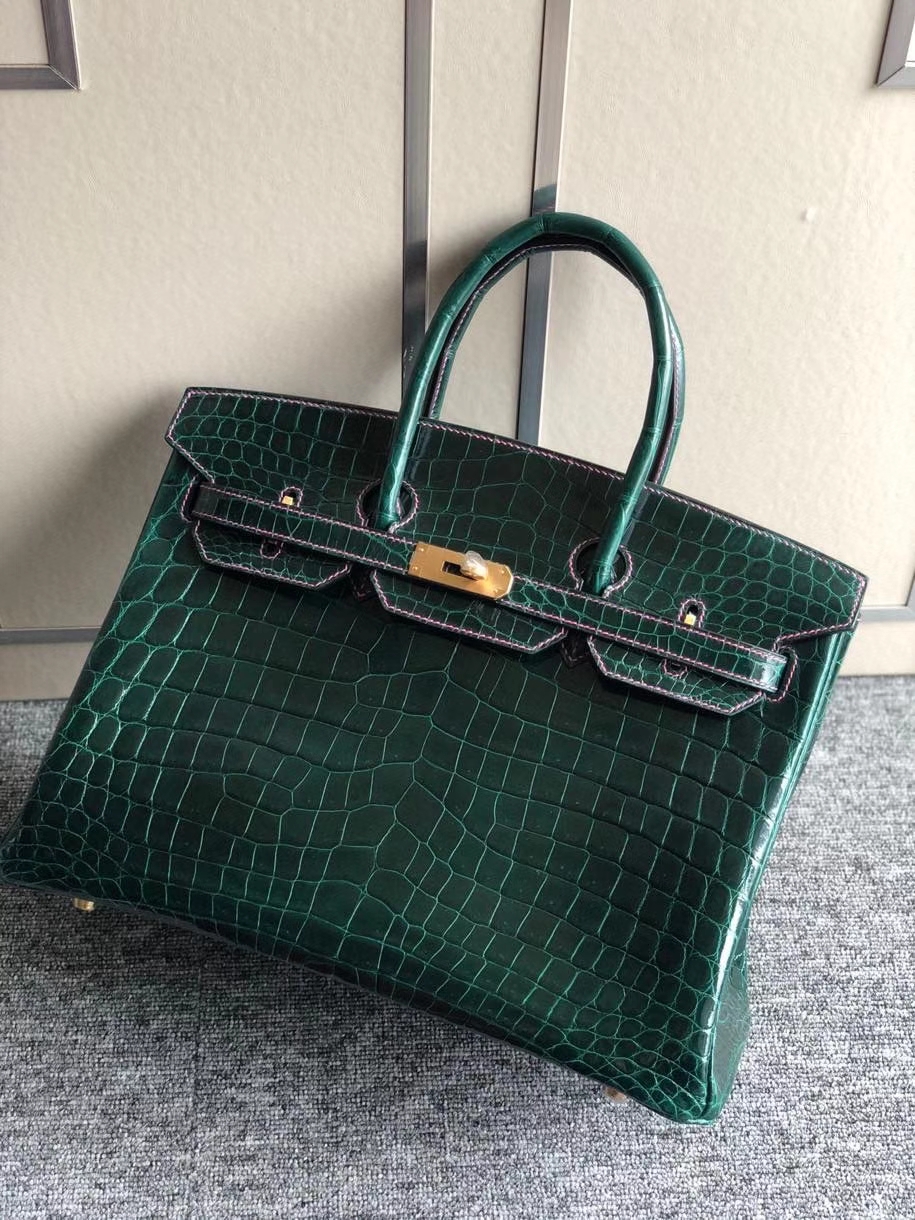 Hermès（爱马仕）Birkin 35cm Crocodile shiny 亮面鳄鱼 ck67 祖母绿 金扣 天方夜谭粉紫色线 顶级手缝 现货