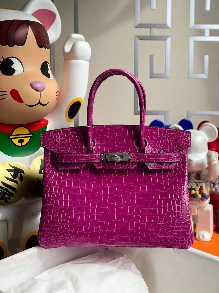 Hermès（爱马仕）Birkin 30cm Porosus shiny 亮面澳洲湾鳄 L3 玫瑰紫 rose purple 银扣 顶级手缝 现货