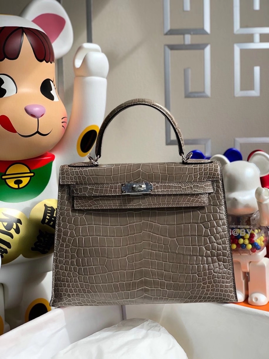 Hermès（爱马仕）Kelly 25cm Alligator shiny 亮面鳄鱼 ck81 斑鸠灰 银扣 顶级手缝  现货