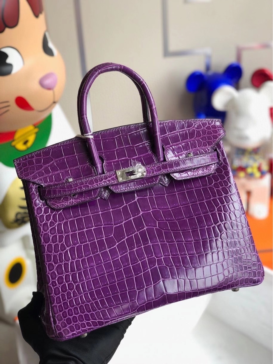 Hermès(爱马仕)Birkin 25cm Porosus shiny 亮面澳洲鳄鱼 葡萄紫 银扣 顶级手缝 现货-拉尔森鳄鱼皮具定制 - 爱马仕包包官网 Hermès(爱马仕)Birkin 25cm Porosus shiny 亮面澳洲鳄鱼 葡萄紫 银扣 顶级手缝 现货