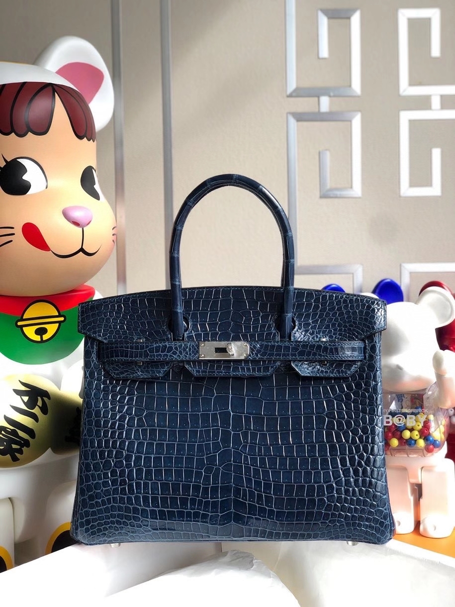Hermès（爱马仕）Birkin 30cm Porosus shiny 亮面澳洲湾鳄 宝石蓝 银扣 顶级手缝 品相完美 现货