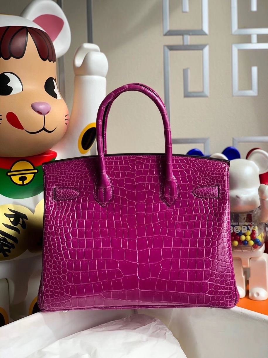 Hermès（爱马仕）Birkin 30cm Porosus shiny 亮面澳洲湾鳄 L3 玫瑰紫 rose purple 银扣 顶级手缝 现货