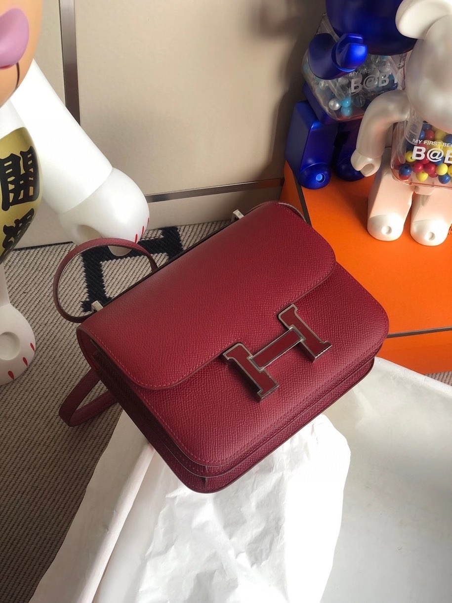 Hermès（爱马仕）Constance 18cm Epsom 原厂掌纹皮 k1 石榴红拼石榴红发廊扣 银扣 顶级手缝  定制