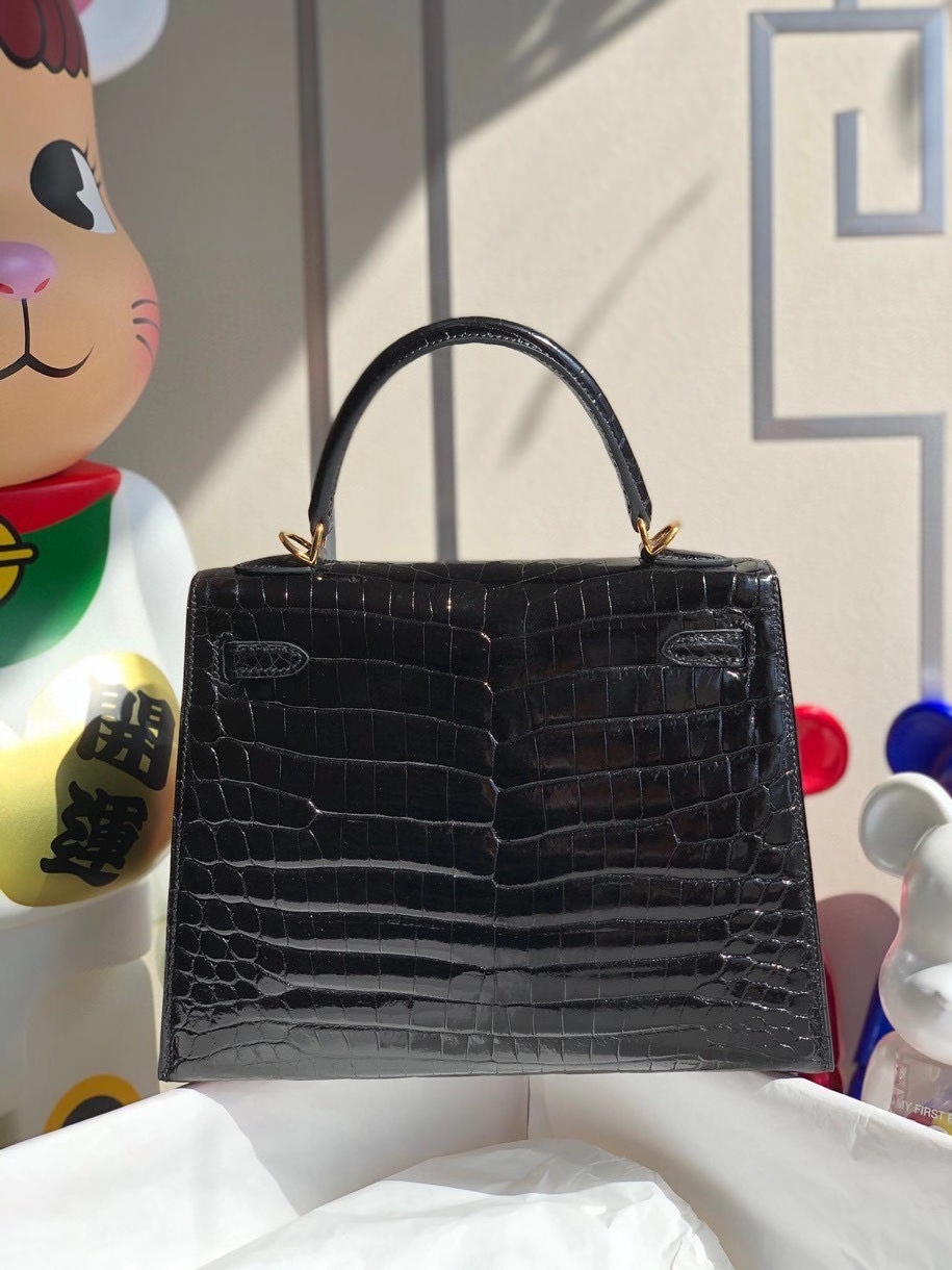 Hermès（爱马仕）Kelly 25cm Crocodile shiny 亮面鳄鱼 ck89 黑色 Noir  金扣 顶级手缝 拱珠现货