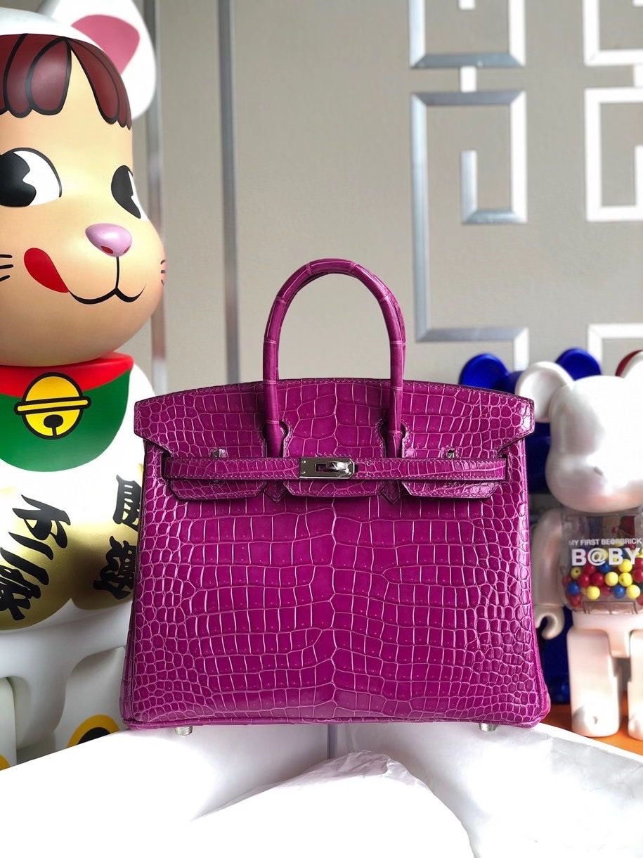 Hermès（爱马仕）Birkin 25cm Porosus shiny 亮面澳洲鳄鱼 L3玫瑰紫 rose purple 银扣 顶级手缝 现货
