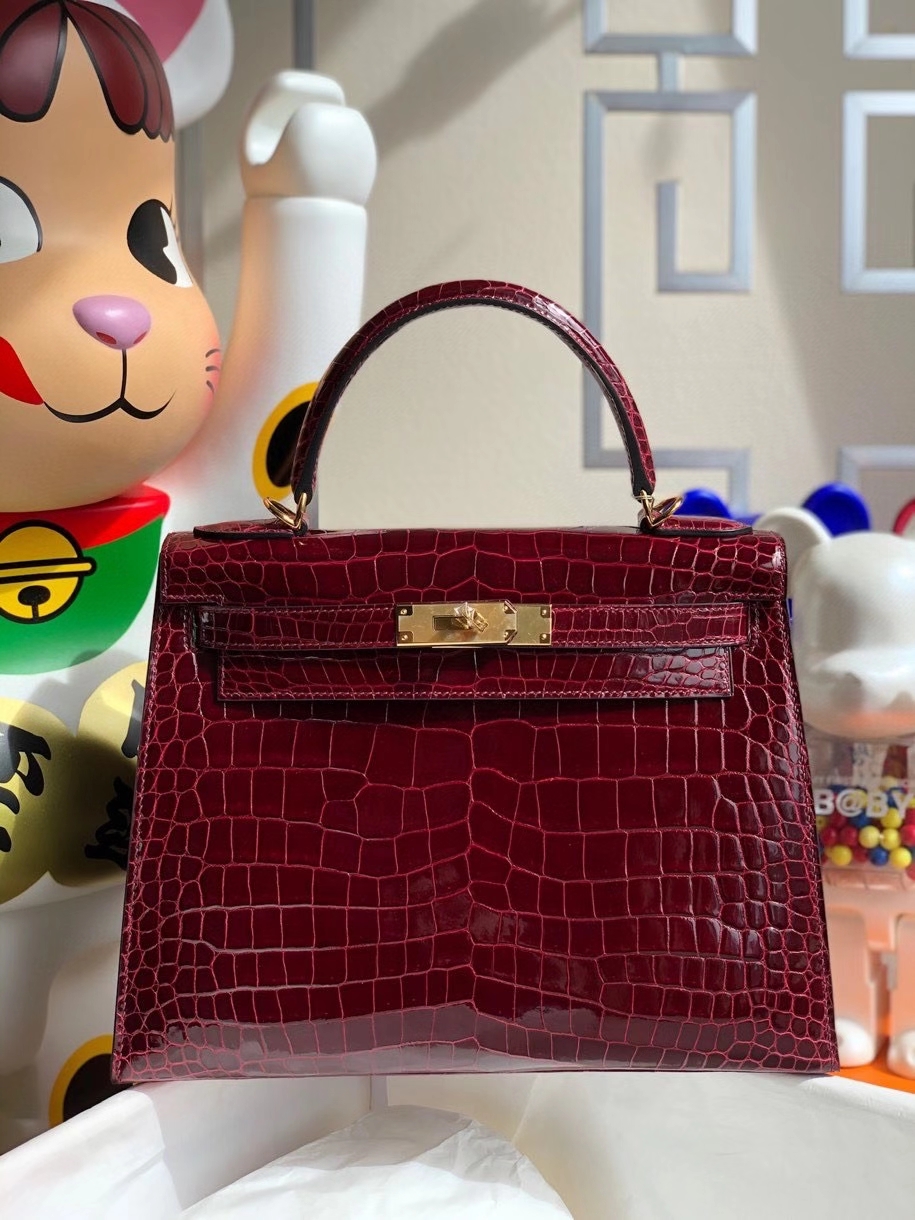 Hermès（爱马仕）Kelly 28cm porosus shiny 亮面澳洲湾鳄  ck57 波尔多酒红 金扣 顶级手缝 现货