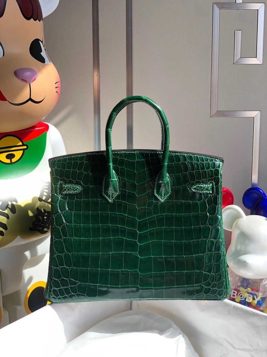 Hermès（爱马仕）Birkin 25cm Crocodile shiny 亮面鳄鱼 深翡翠绿 银扣 顶级手缝  品相完美 现货