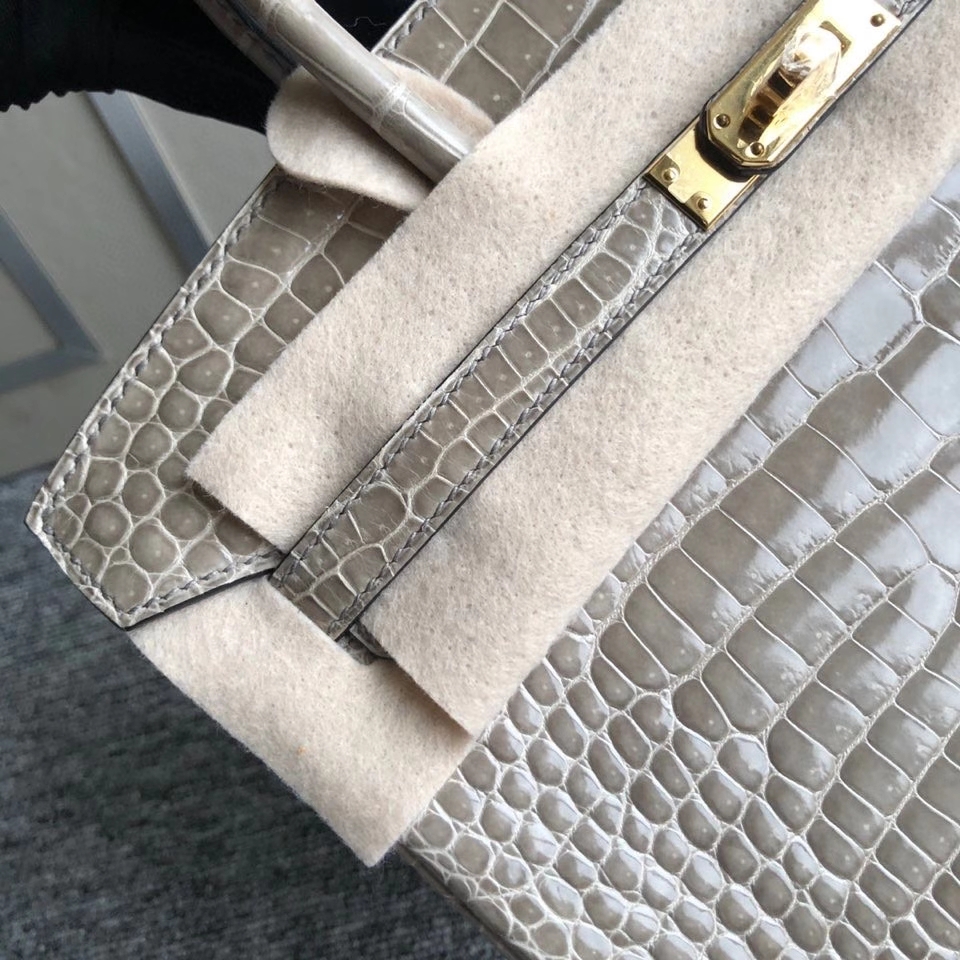 Hermès（爱马仕）Birkin 25cm Porosus shiny 亮面澳洲湾鳄 Ck81 斑鸠灰 Gris T 金扣 顶级手缝 现货
