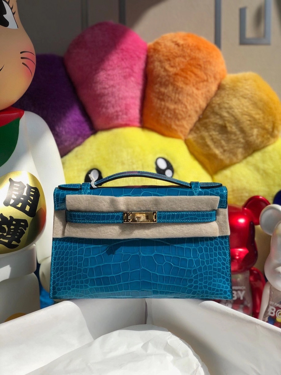 Hermès（爱马仕）Mini kelly pochette 22cm Alligator shiny 亮面鳄鱼 7w 伊兹密尔蓝 金扣 顶级手缝 晚宴包 现货
