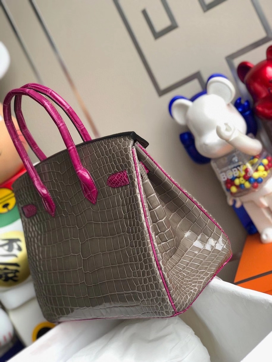 Hermès（爱马仕）Birkin 30cm 亮面澳洲湾鳄 ck81 斑鸠灰 gris T 拼 J5 天方夜谭粉紫 金扣 马蹄印 顶级手缝 现货