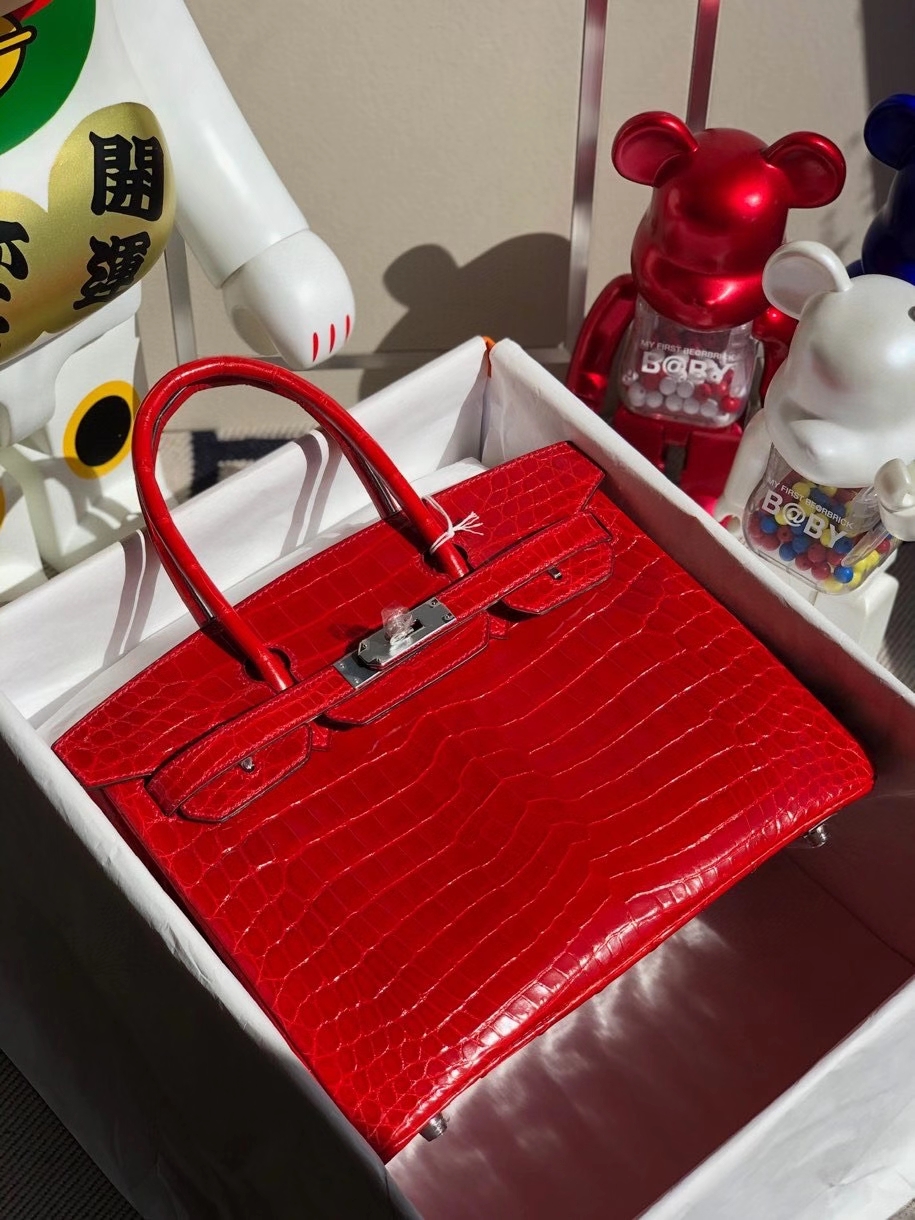 Hermès（爱马仕）Birkin 30cm Crocodile shiny 亮面鳄鱼 ck95 法拉利红 Braise 银扣 顶级手缝 现货