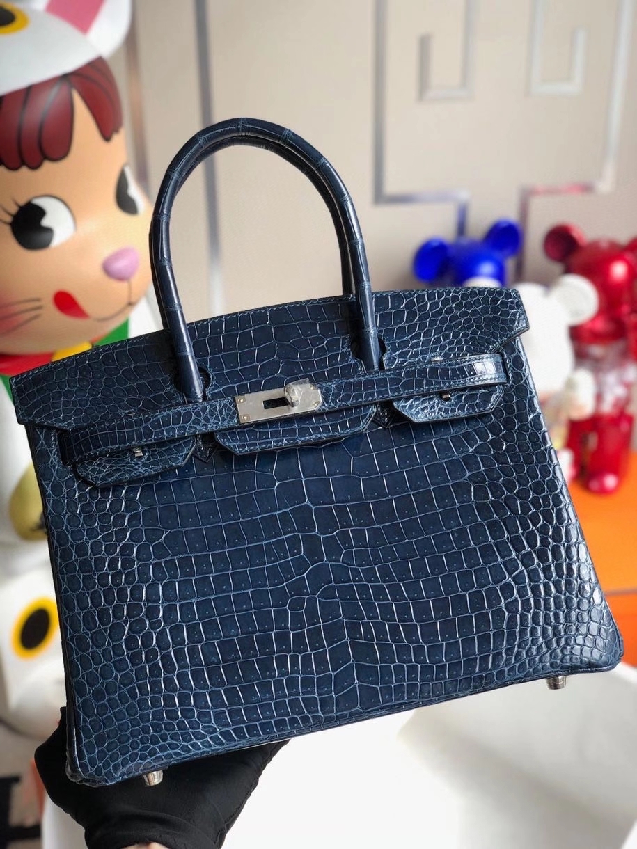 Hermès（爱马仕）Birkin 30cm Porosus shiny 亮面澳洲湾鳄 宝石蓝 银扣 顶级手缝 品相完美 现货