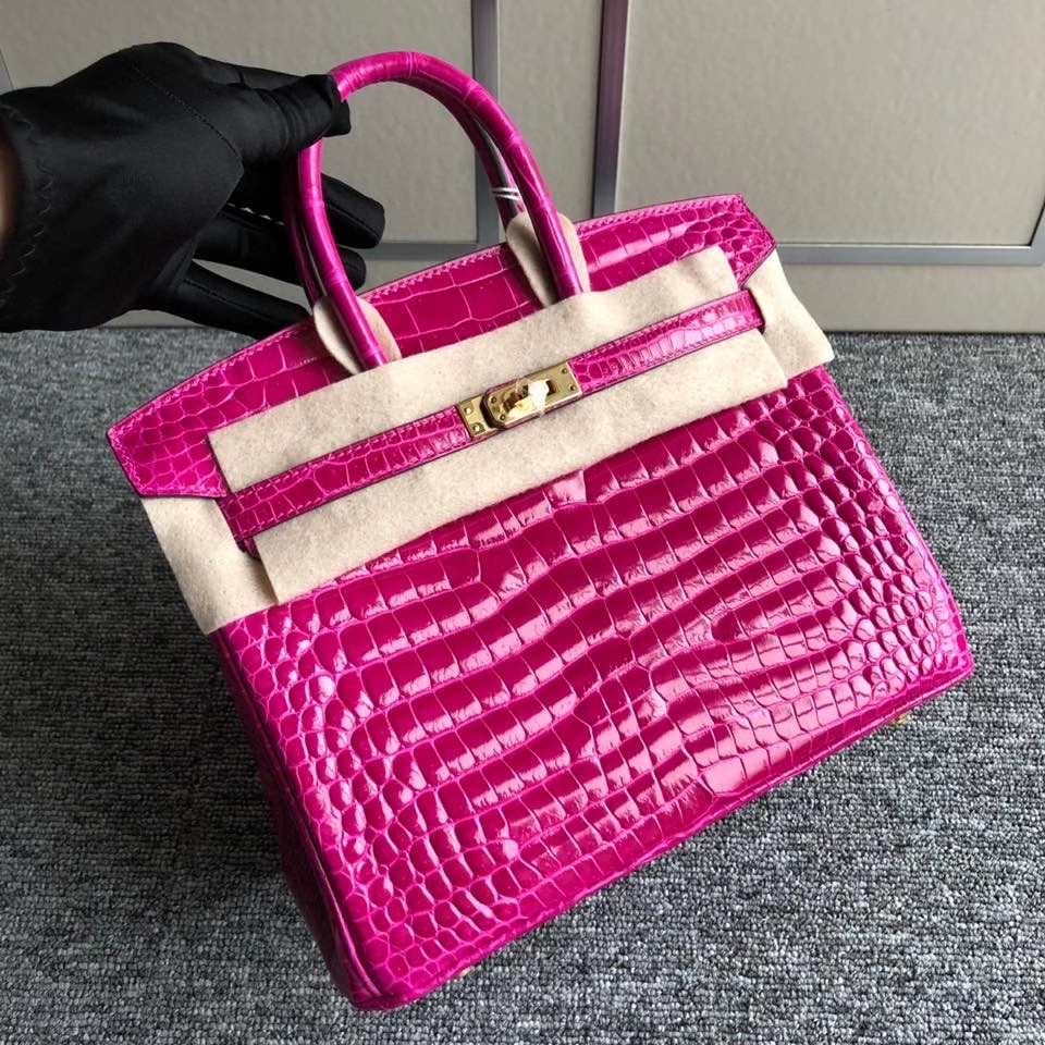 Hermès（爱马仕）Birkin 25cm Porosus shiny 亮面澳洲湾鳄 J5 天方夜谭粉紫  金扣 顶级手缝 现货