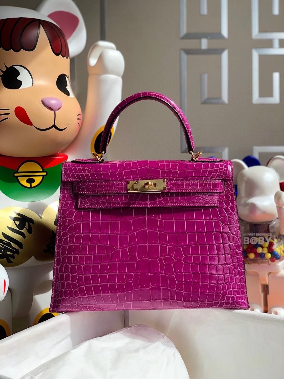 Hermès（爱马仕）Kelly 28cm porosus shiny 亮面澳洲湾鳄 L3 玫瑰紫 金扣 顶级手缝 现货
