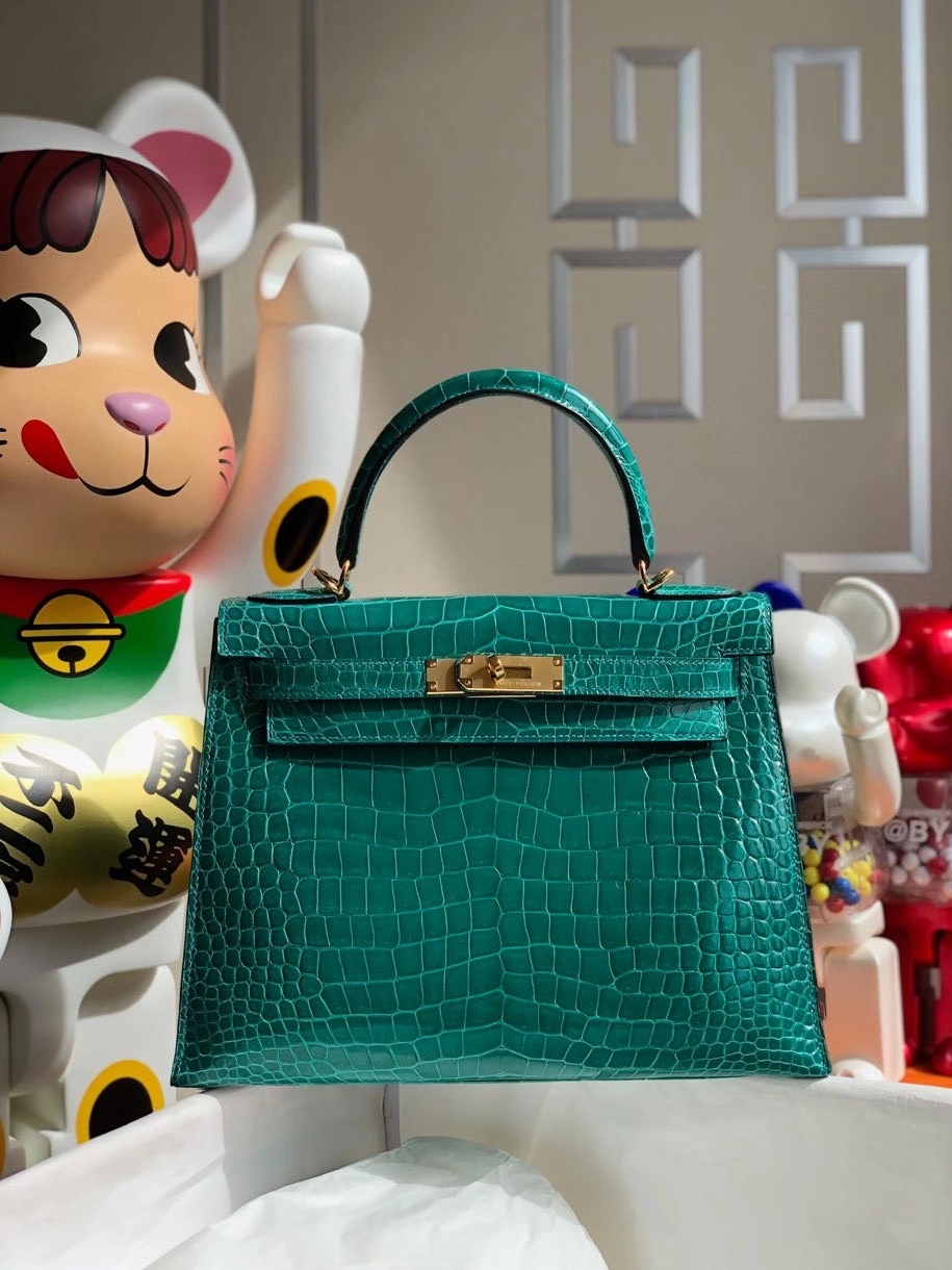 Hermès（爱马仕）Kelly 28cm porosus shiny 亮面澳洲湾鳄 6Ｑ翡翠绿 金扣 顶级手缝 现货