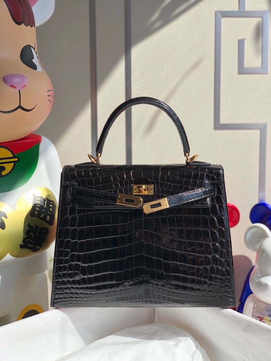 Hermès（爱马仕）Kelly 25cm Crocodile shiny 亮面鳄鱼 ck89 黑色 Noir  金扣 顶级手缝 拱珠现货