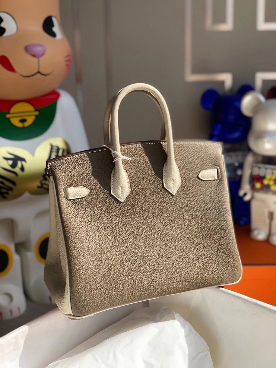 Hermès（爱马仕）Birkin 25cm togo 原厂小牛皮 ck18大象灰拼奶昔白 金扣 马蹄印 顶级手缝
