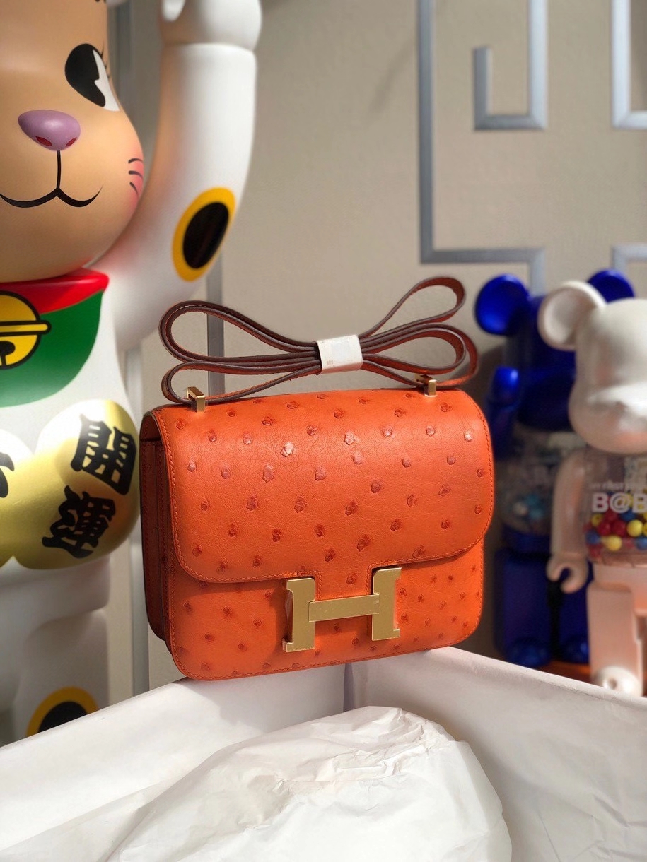 Hermès（爱马仕）Constance 18cm Ostrich kk 鸵鸟 93橙色 Orange 金扣 顶级手缝 现货