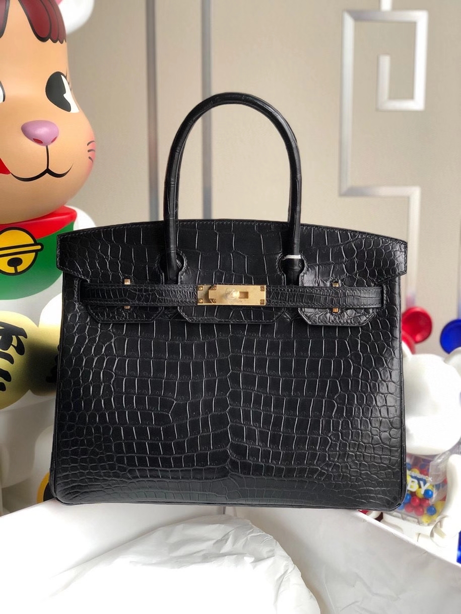 Hermès（爱马仕）Birkin 30cm Porosus matt 雾面鳄鱼 ck89 黑色 Noir 金扣 顶级手缝 现货