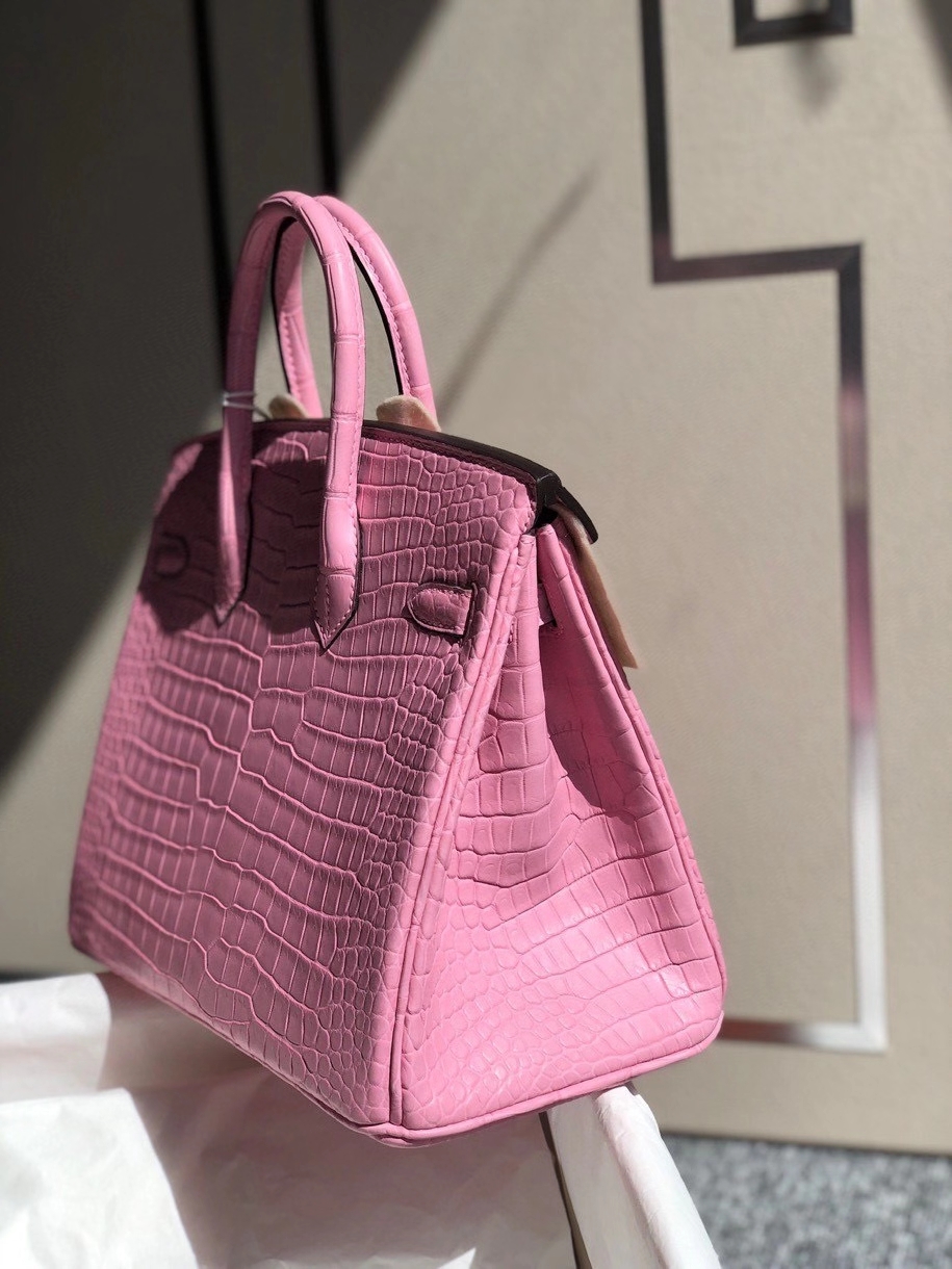 Hermès（爱马仕）Birkin 25cm Porosus matt 雾面澳洲湾鳄  5p 樱花粉 银扣 顶级手缝 品相完美 现货