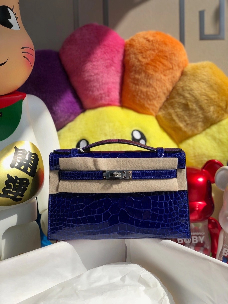 Hermès（爱马仕）Mini kelly pochette 22cm Alligator shiny 亮面鳄鱼 7T 电光蓝 金扣 顶级手缝 晚宴包 现货