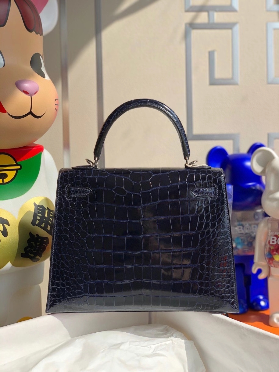 Hermès（爱马仕）Kelly 25cm Alligator shiny 亮面鳄鱼 宝石蓝 银扣 顶级手缝  现货