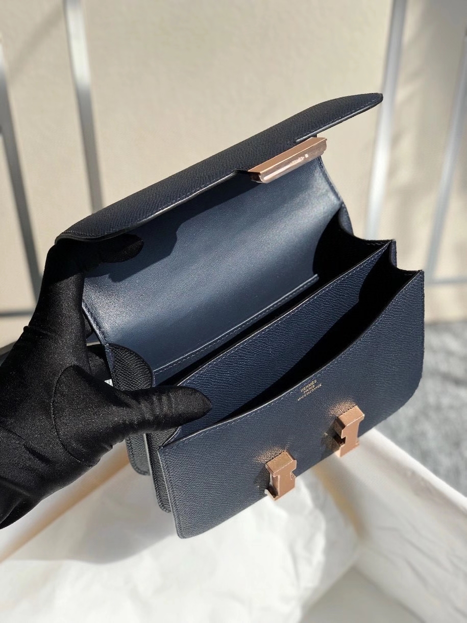 Hermès（爱马仕）Constance 18cm Epsom 原厂掌纹皮 深海蓝 玫瑰金扣 顶级手缝 现货