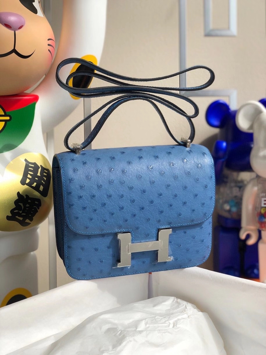 Hermès（爱马仕）Constance 18cm Ostrich kk 鸵鸟 玛瑙蓝 银扣 顶级手缝 现货