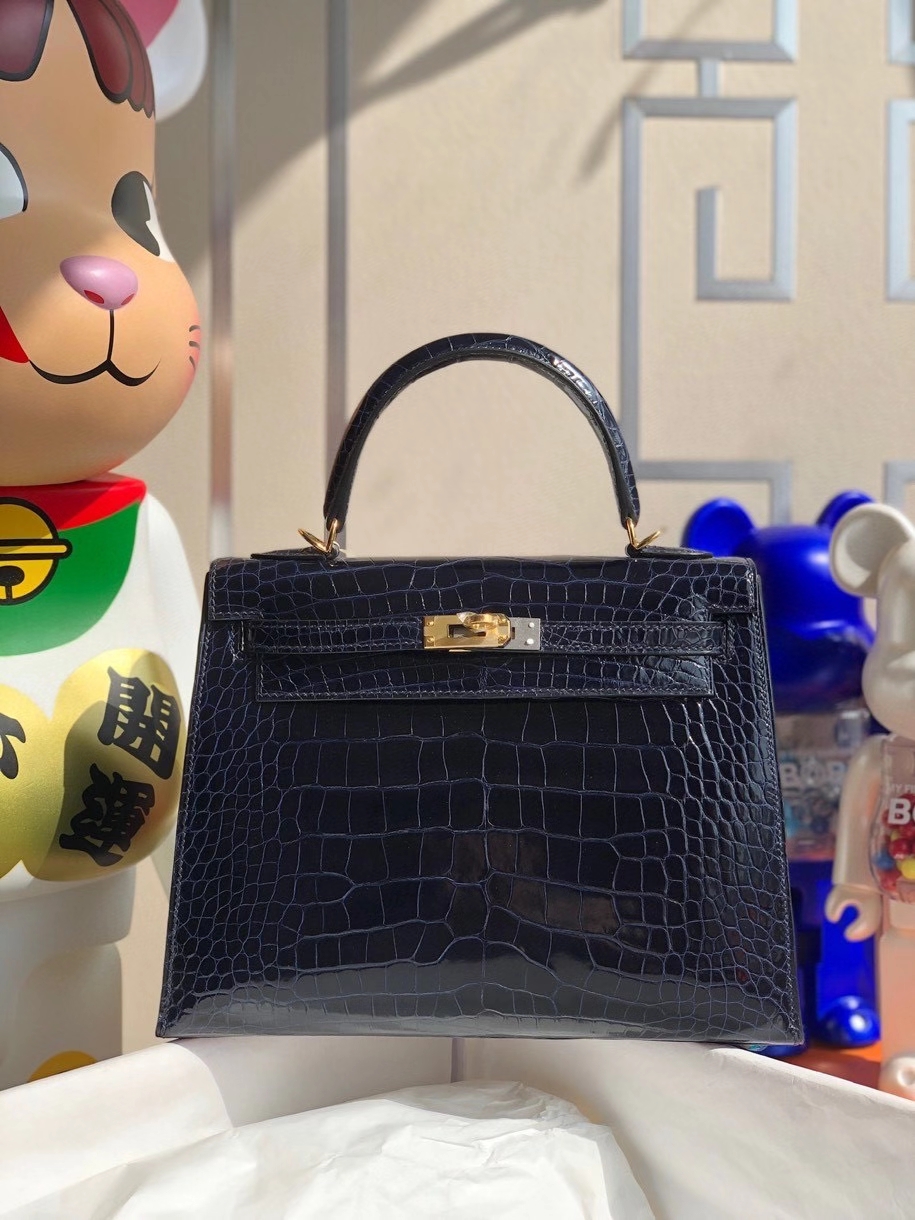 Hermès（爱马仕）Kelly 25cm Alligator shiny 亮面鳄鱼7k 宝石蓝 金扣 顶级手缝  现货