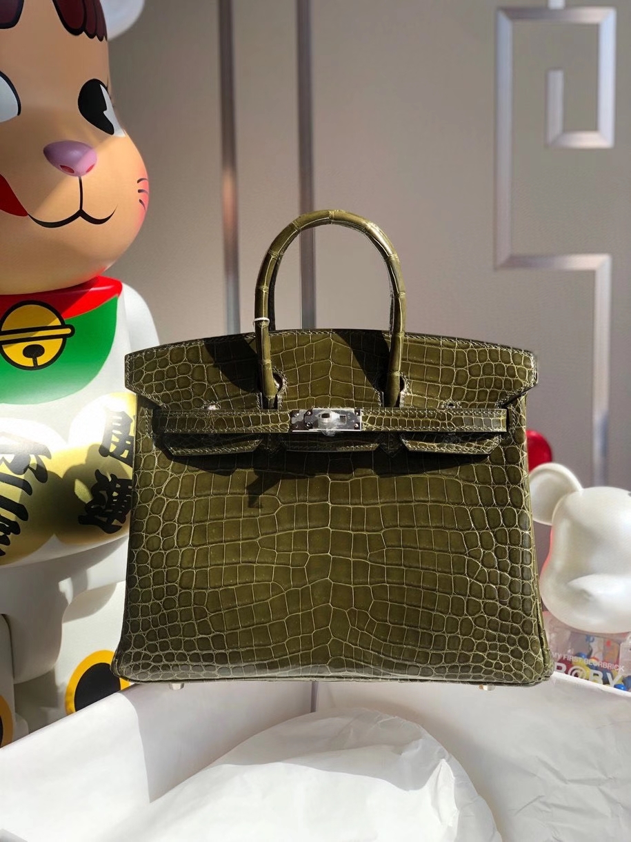 Hermès（爱马仕）Birkin 25cm Crocodile shiny 亮面鳄鱼 C6 深橄榄绿 银扣 顶级手缝 品相完美 现货