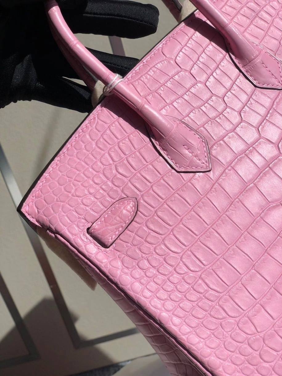 Hermès（爱马仕）Birkin 25cm Porosus matt 雾面澳洲湾鳄  5p 樱花粉 银扣 顶级手缝 品相完美 现货