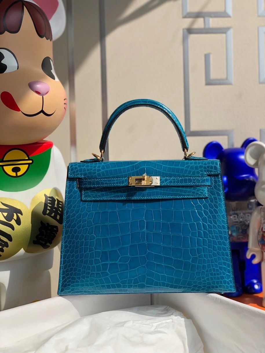 Hermès（爱马仕）Kelly 25cm Porosus shiny 亮面澳洲湾鳄 7Ｑ希腊蓝 Mykonos 金扣 顶级手缝 现货