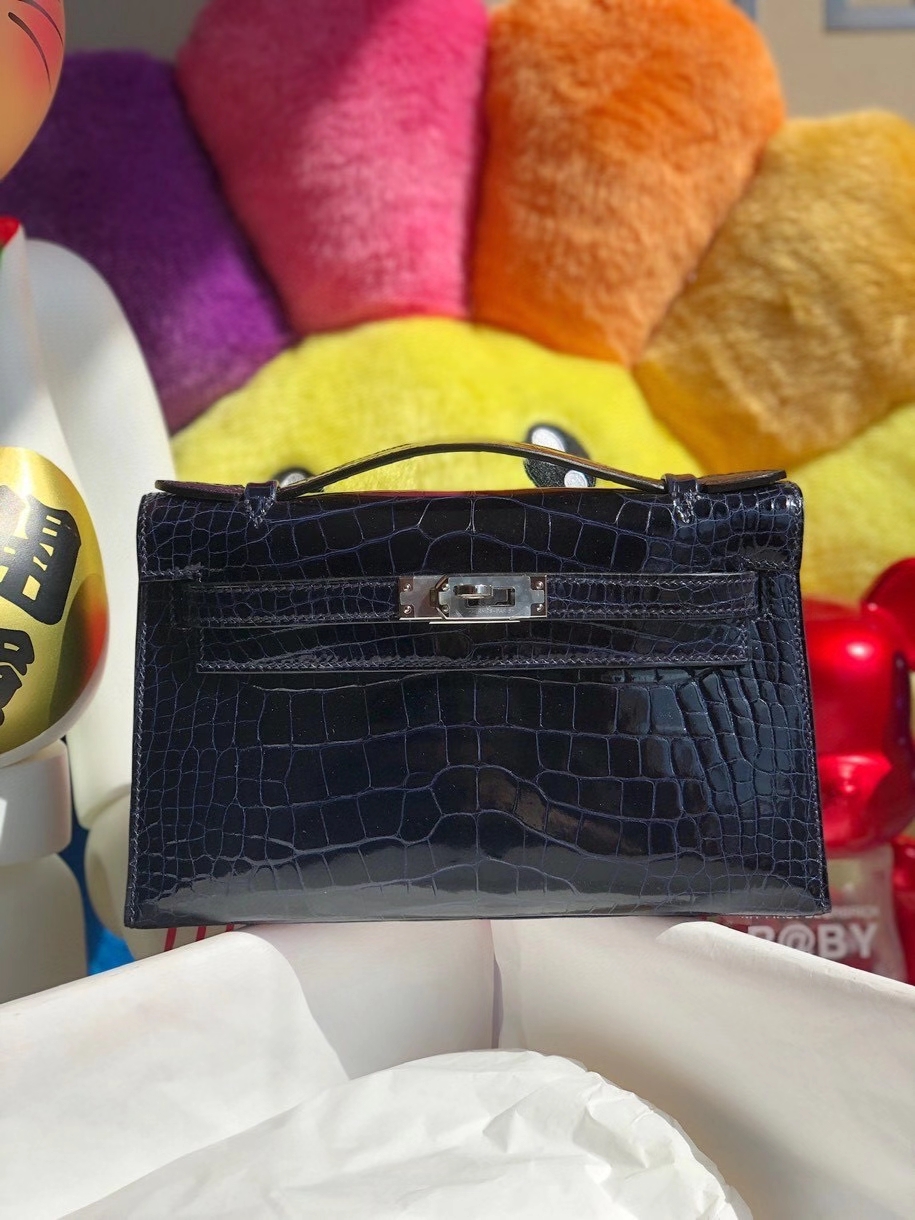 Hermès（爱马仕）Mini kelly pochette 22cm Alligator shiny 亮面鳄鱼 7k 宝石蓝 银扣 顶级手缝 晚宴包 现货