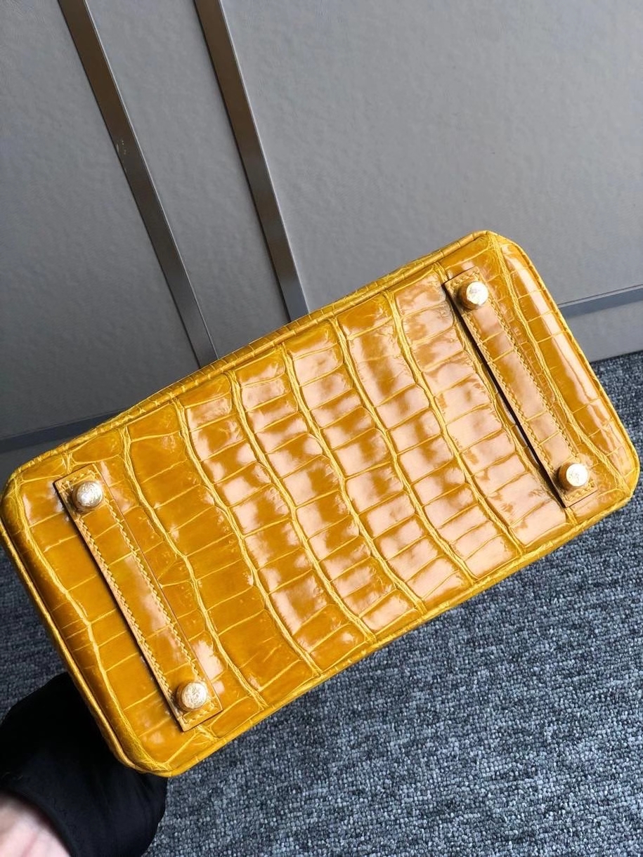 Hermès（爱马仕）Birkin 25cm Porosus shiny 亮面澳洲湾鳄 9Ｄ 琥珀黄 Ambre 金扣 顶级手缝 现货