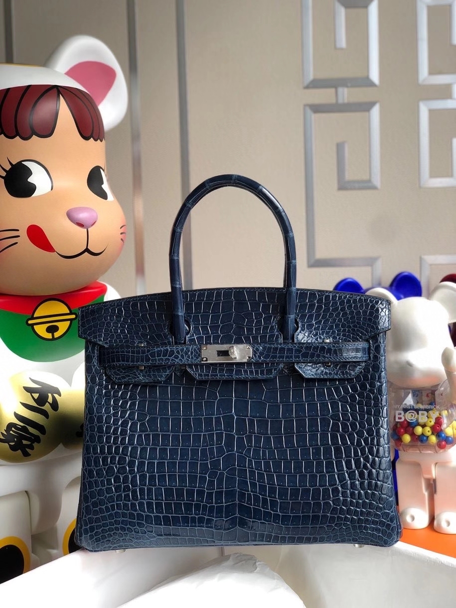 Hermès（爱马仕）Birkin 30cm Porosus shiny 亮面澳洲湾鳄 宝石蓝 银扣 顶级手缝 品相完美 现货