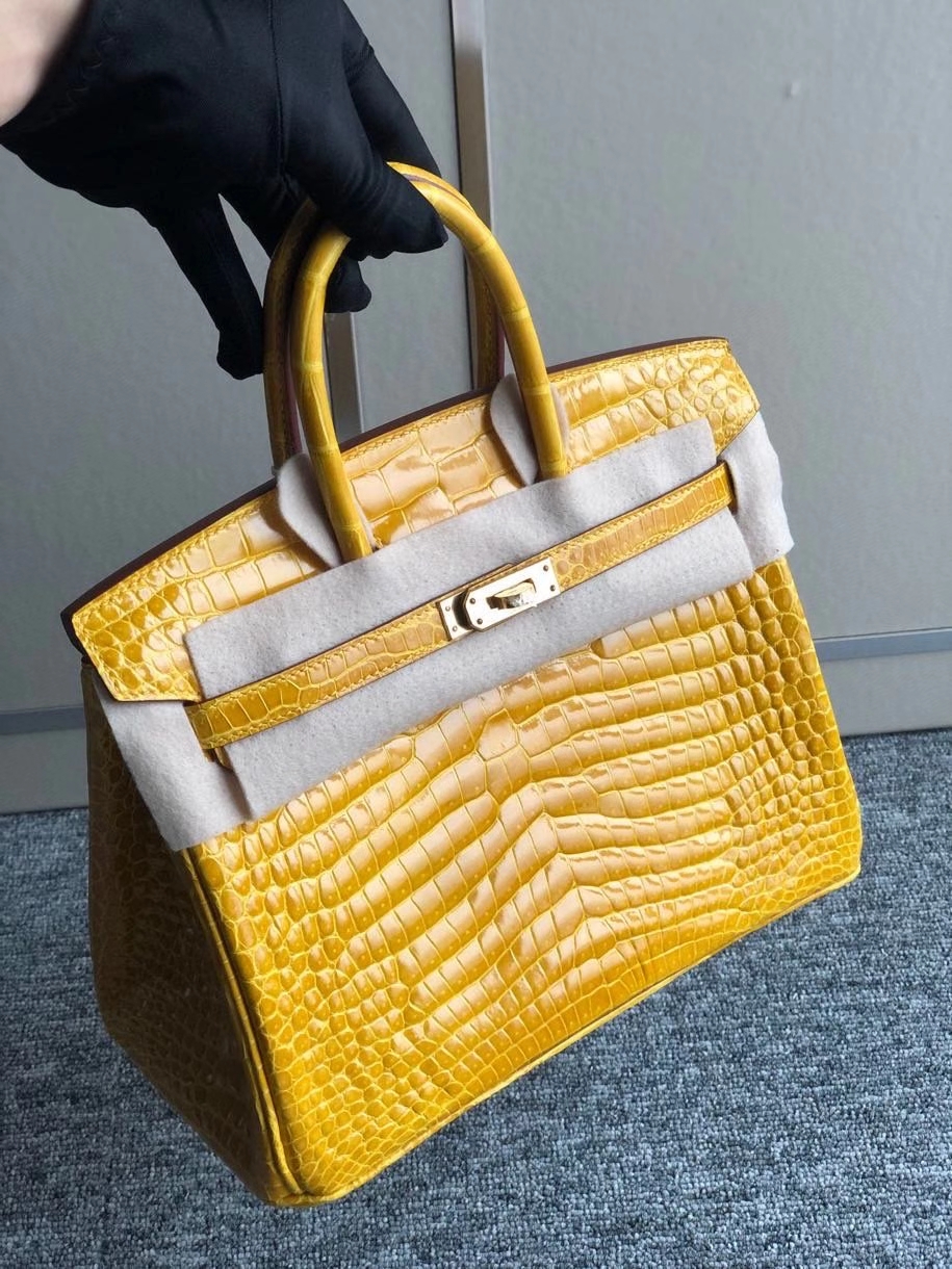 Hermès（爱马仕）Birkin 25cm Porosus shiny 亮面澳洲湾鳄 9Ｄ 琥珀黄 Ambre 金扣 顶级手缝 现货