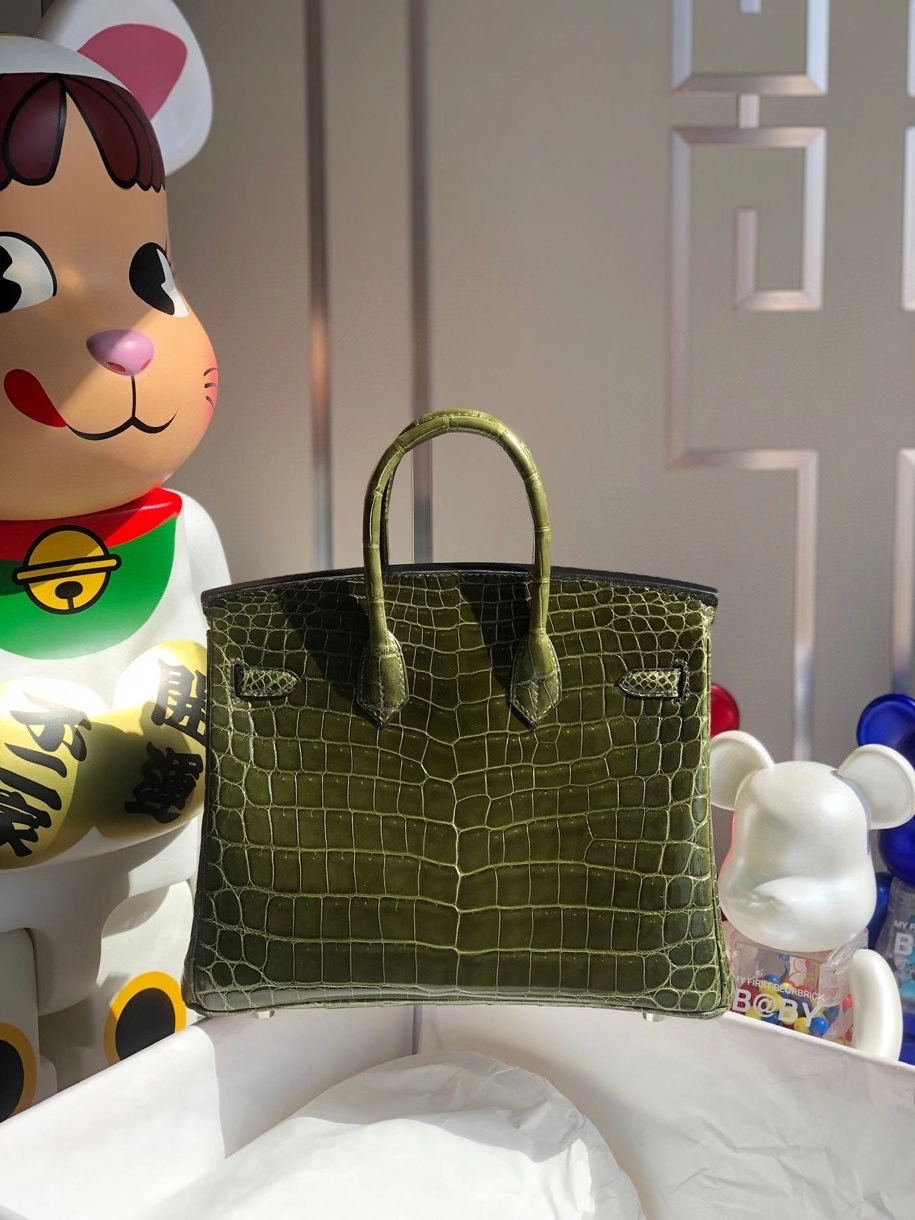 Hermès（爱马仕）Birkin 25cm Crocodile shiny 亮面鳄鱼 6H 橄榄绿 银扣 顶级手缝 品相完美 现货