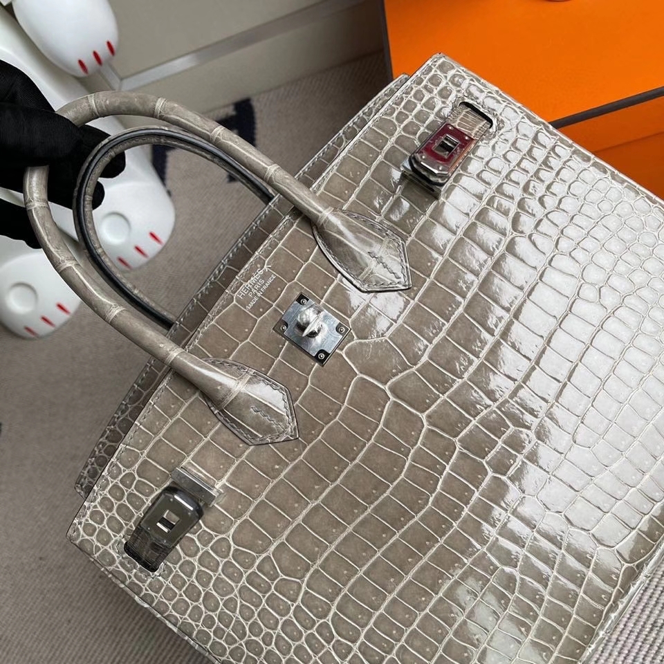 Hermès（爱马仕）Birkin 25cm Porosus shiny 亮面鳄鱼 ck81 斑鸠灰 银扣 顶级手缝