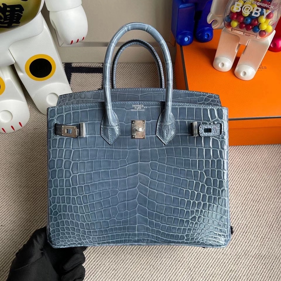 Hermès（爱马仕）Birkin 25cm Crocodile shiny 亮面鳄鱼 N7 风暴蓝 银扣 顶级手缝 定制