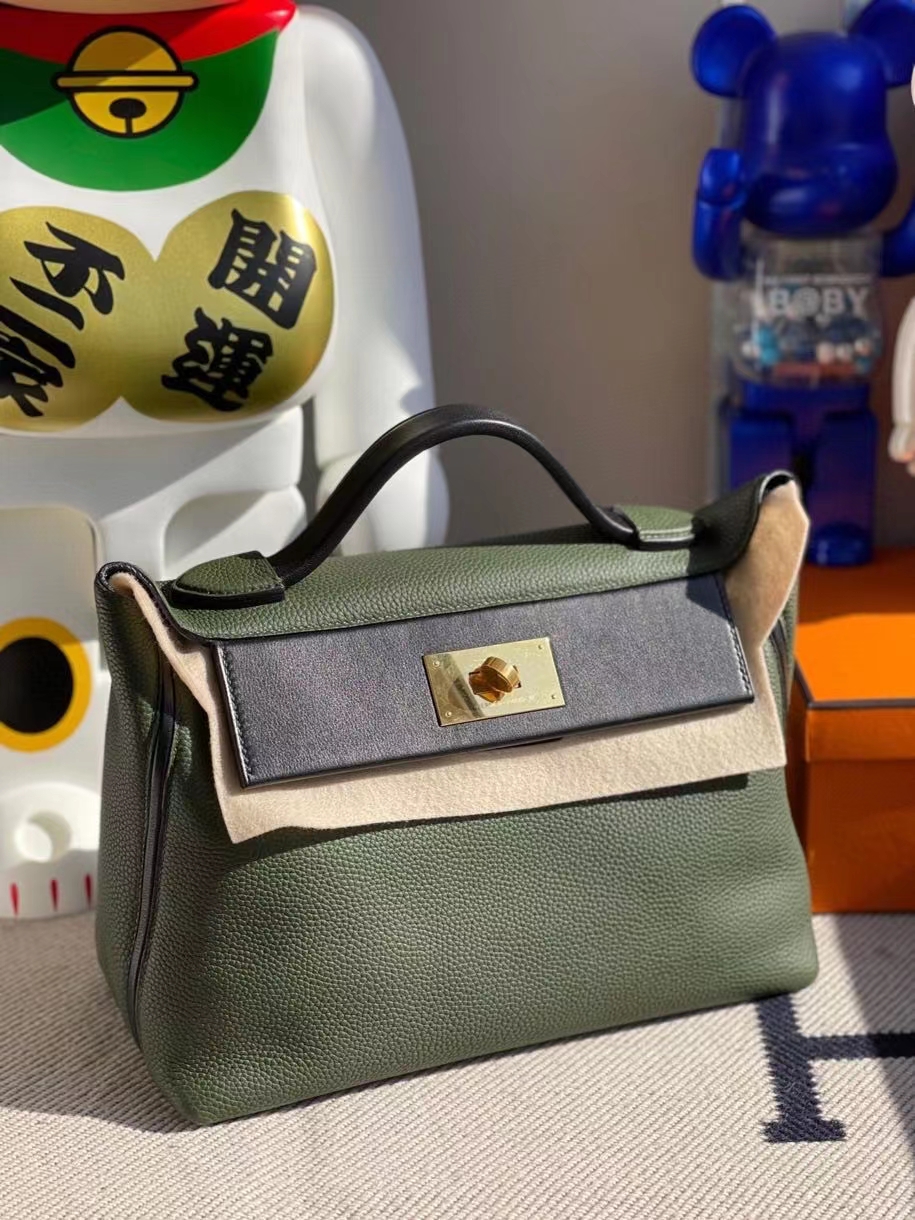Hermès（爱马仕）2424 29cm 橄榄绿拼黑色 金扣 顶级手缝
