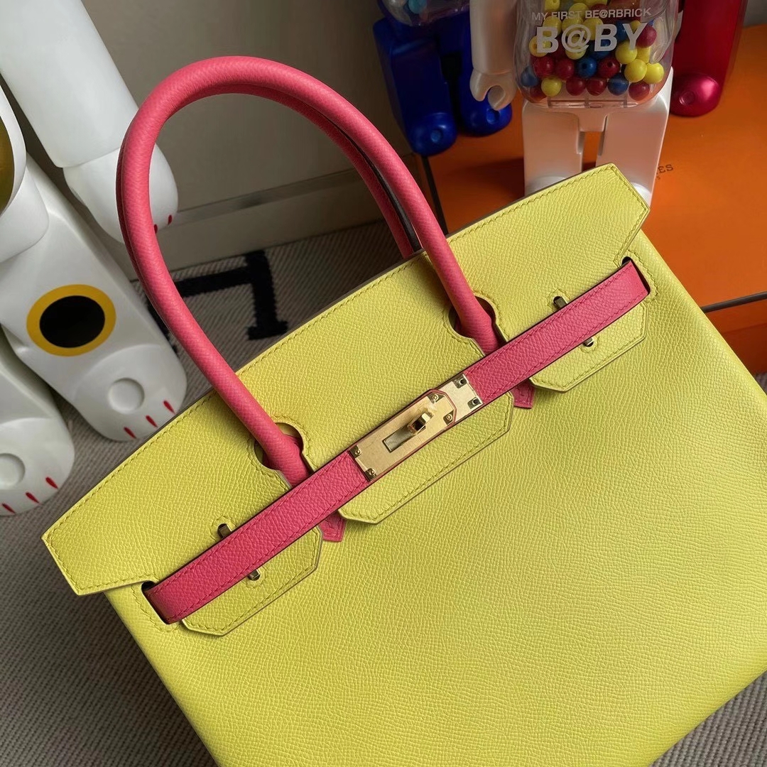 Hermès（爱马仕）Birkin 30cm Epsom 原厂掌纹皮 C9鹅蛋黄拼8W唇膏粉 金扣 马蹄印 顶级手缝
