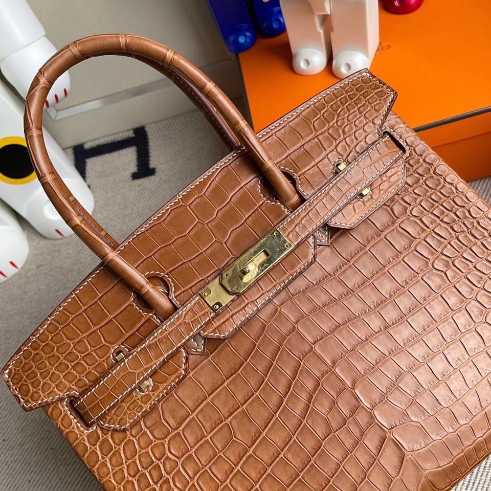 Hermès（爱马仕）Birkin 30cm Porosus matt 雾面鳄鱼 棕色 金扣 顶级手缝 定制