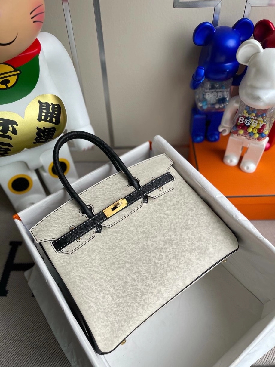 Hermès（爱马仕）Birkin 30cm Epsom 原厂掌纹皮  ck10奶昔白Craie拼 ck89 黑色 Noir 拉丝金扣 马蹄印