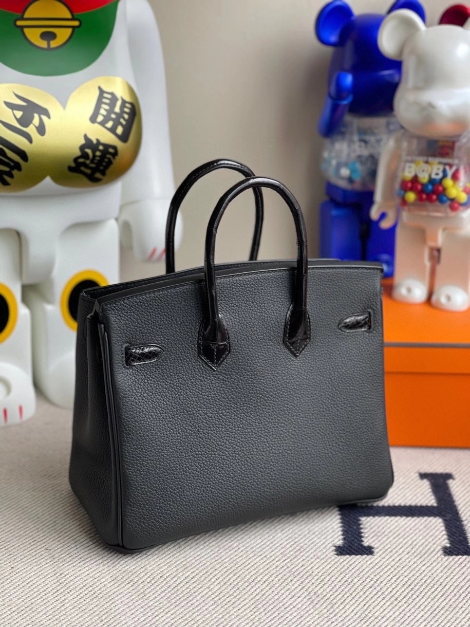 Hermès（爱马仕）Touch系列 Birkin 25cm 黑色 拼亮面鳄鱼 玫瑰金扣 Rose gold